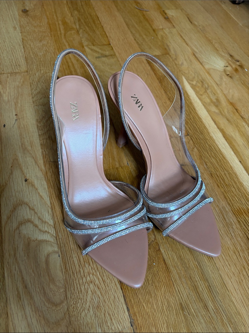 Zara Nude Pink Rhinestone Slingback Heels